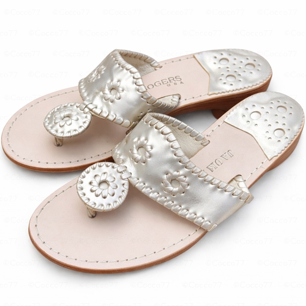 Jack Rogers Metallic Silver Sandals Whipstitched Classic Thong Slides size 7